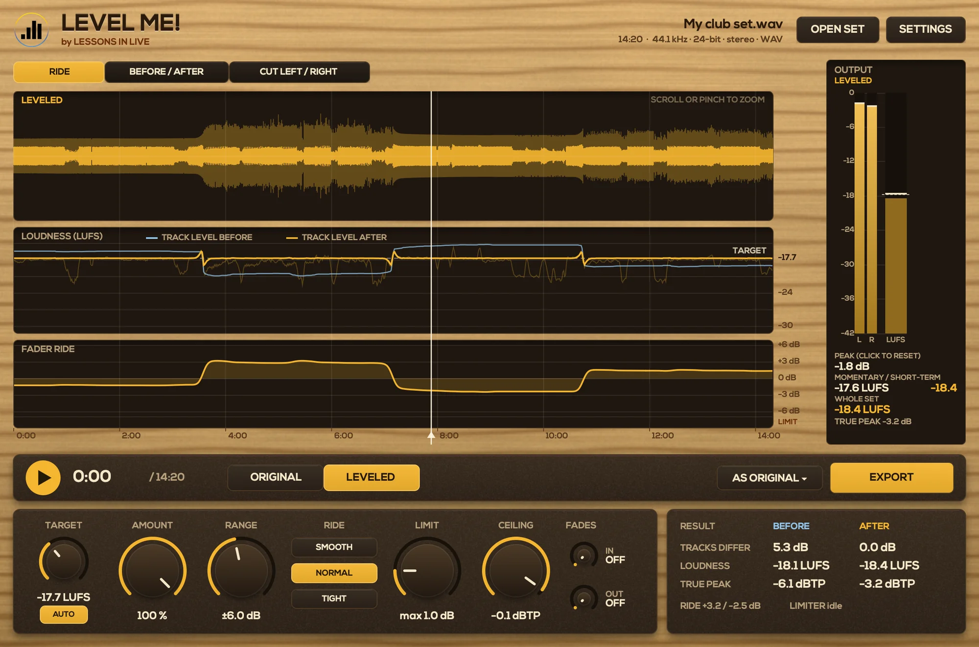 Level Me! app leveling a recorded DJ set: loudness of every track before and after, with the fader ride