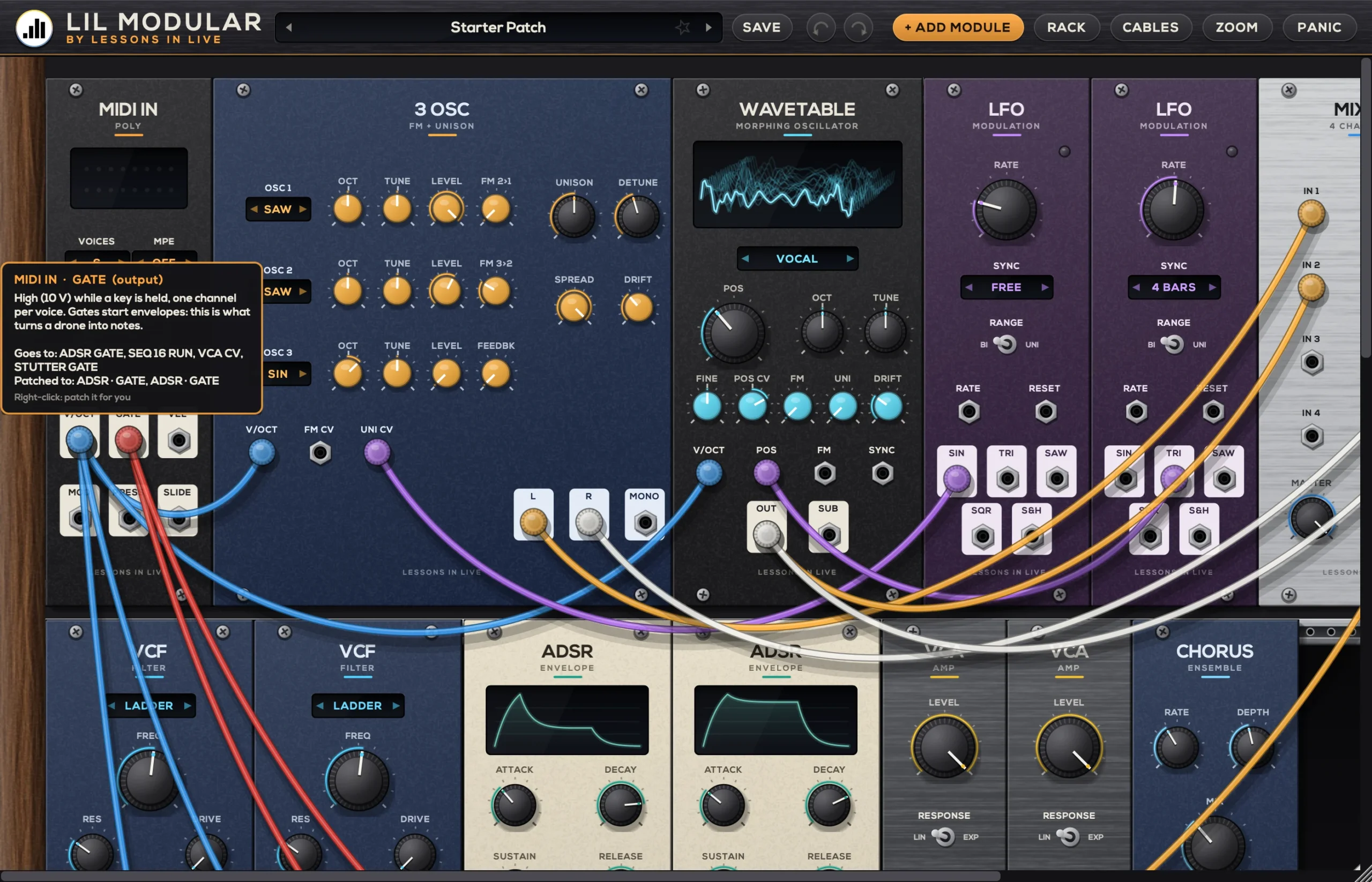 Lil Modular patching tips: hover over a jack for help