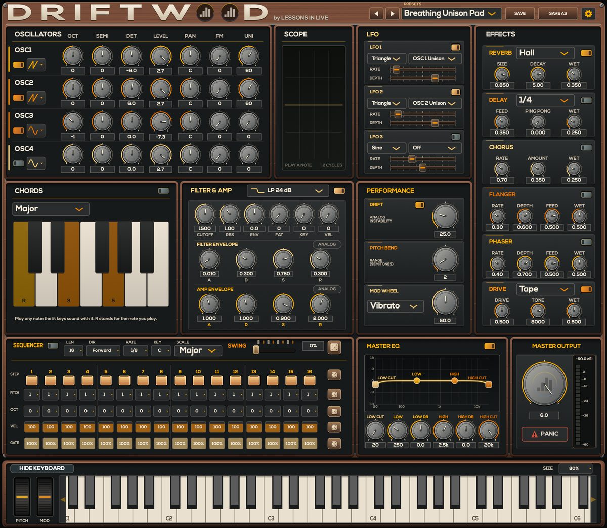 Driftwood synth plug-in interface